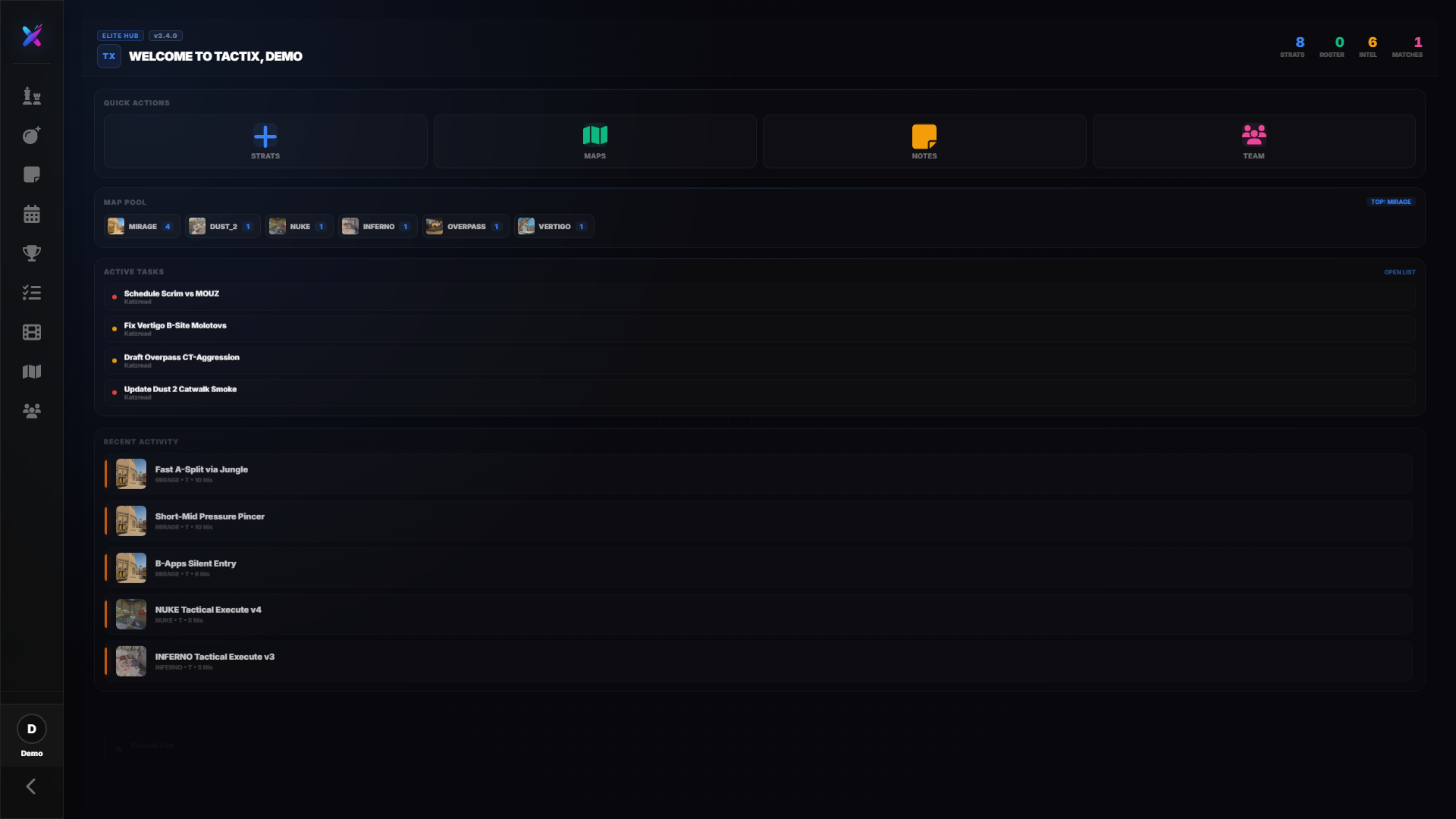 TactiX app dashboard with quick actions, map pool, and active team tasks
