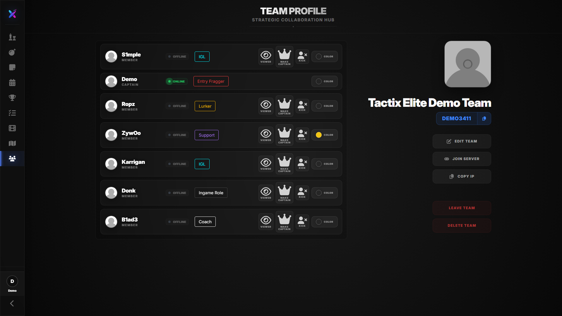 Team roster management view with roles, permissions, and collaboration controls
